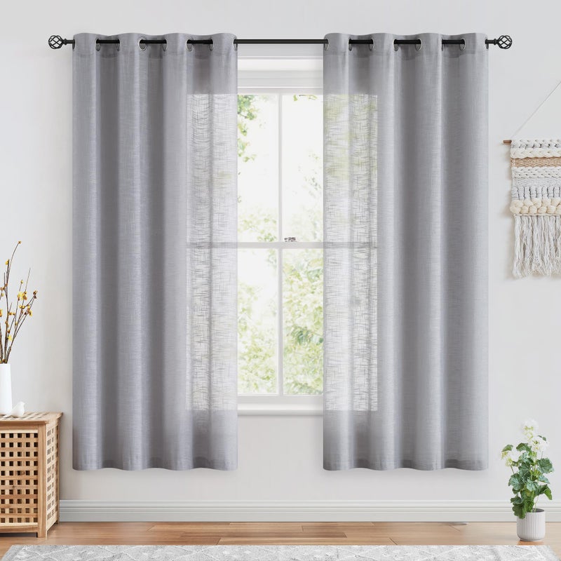 FMFUNCTEX Linen Semi Sheer Curtains for Bedroom, Grey Curtains 63 Inch Length for Living Room, Country Farmhouse Sheer Drapes, Light Filtering Window Curtain, Grommet Top 2 Panels - Image 2